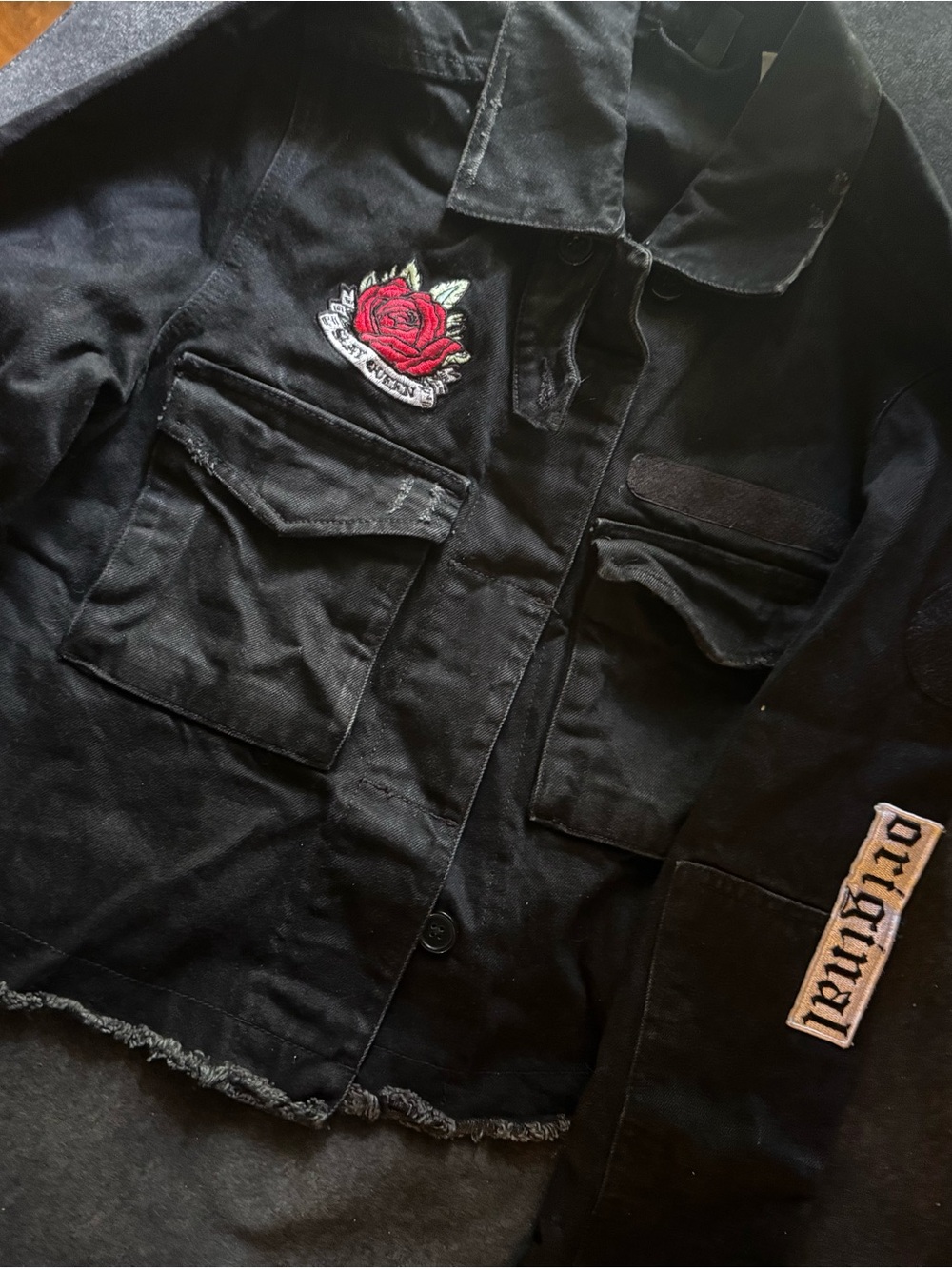 Black Embroidered Rose Utility Jacket